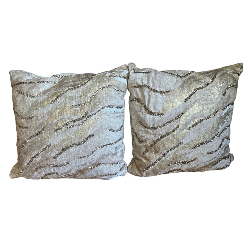 2 Artistic Accents Decorative Ivory Gold White Beaded Throw Pillows